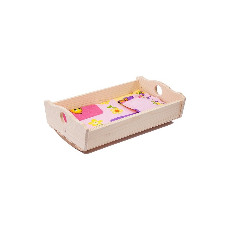 Puppenwiege aus Holz mit Bettwäsche