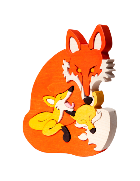 Fuchsfamilie – Montessori 3D Puzzle, Holz, mehrfarbig, 24,5 x 19 cm, 26 Teile