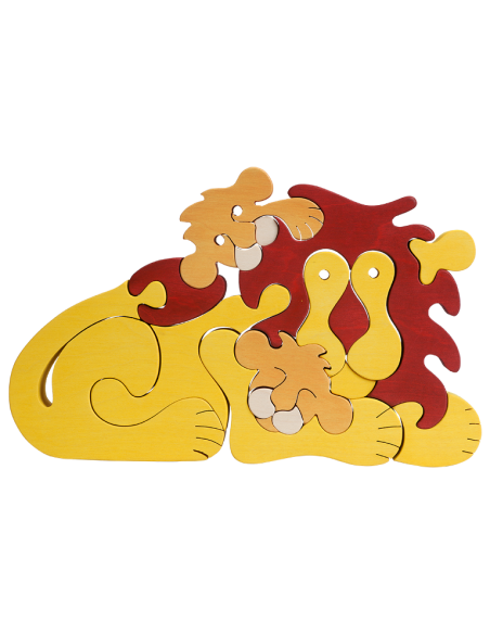 Familie de lei - Puzzle 3D Montessori, lemn, multicolor, 26 x 16.5 cm, 18 piese