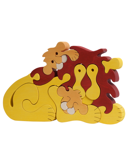 Familie de lei - Puzzle 3D Montessori, lemn, multicolor, 26 x 16.5 cm, 18 piese