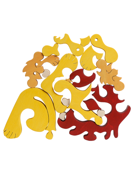 Familie de lei - Puzzle 3D Montessori, lemn, multicolor, 26 x 16.5 cm, 18 piese