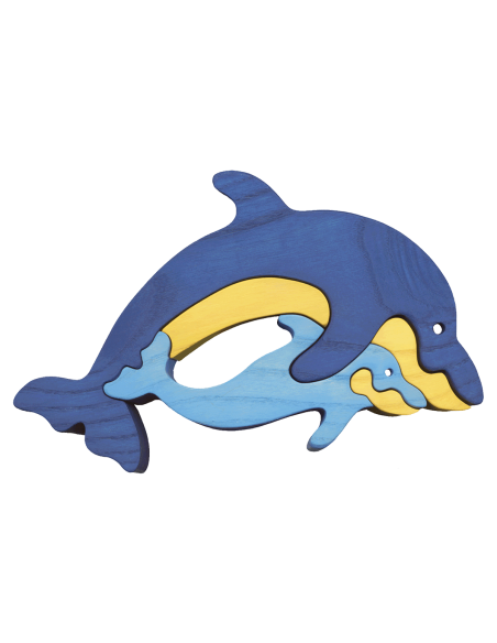 Familie de delfini - Puzzle 3D Montessori, lemn, multicolor, 18 x 13.5 cm, 5 piese