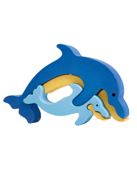 Familie de delfini - Puzzle 3D Montessori, lemn, multicolor, 18 x 13.5 cm, 5 piese