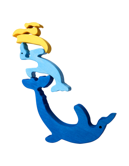 Familie de delfini - Puzzle 3D Montessori, lemn, multicolor, 18 x 13.5 cm, 5 piese