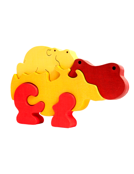 Familie de hipopotami - Puzzle 3D Montessori, lemn, multicolor, 17 x 13 cm, 5 piese