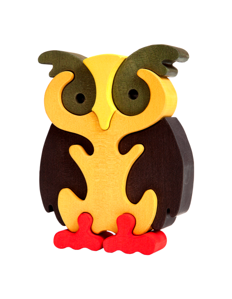 Bufniță - Puzzle 3D Montessori, lemn, multicolor, 12 x 16.5 cm, 8 piese