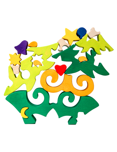 Brad de Crăciun - Puzzle 3D Montessori, lemn, multicolor, 21 x 23 cm, 17 piese