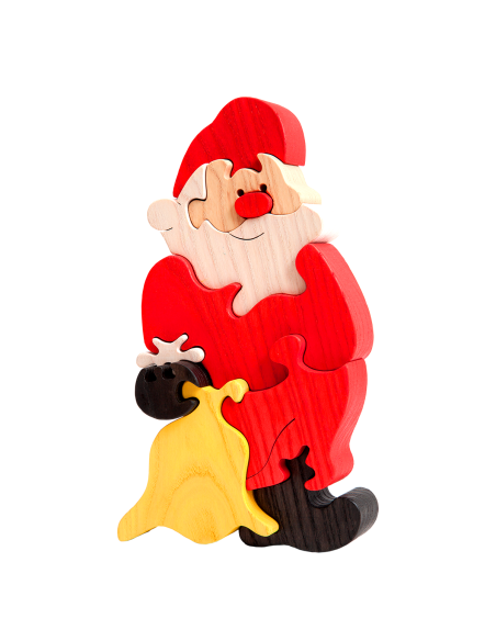 Moș Crăciun - Puzzle 3D Montessori, lemn, multicolor, 13 x 22 cm, 10 piese