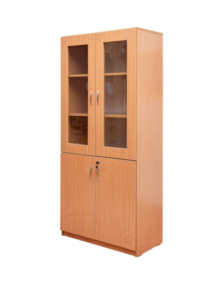 Bibliothekenschrank, 4 Türen (2 aus Glas), 5 Fächer, Melamin-Spanplatte, 182x80x40 cm, Buche