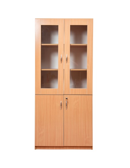 Library Cabinet, 4 Doors (2 Glass), 5 Compartments, Melamine Chipboard, 182x80x40 cm, Beech