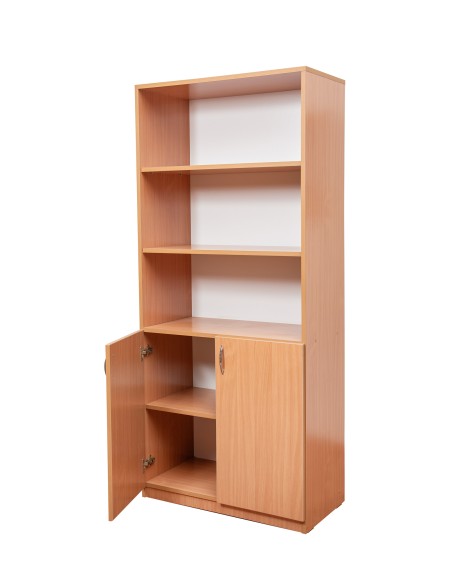 Bibliothekenschrank, 2 Türen, 3 offene Regale, 5 Fächer, Melamin-Spanplatte, 182x80x40 cm, Buche