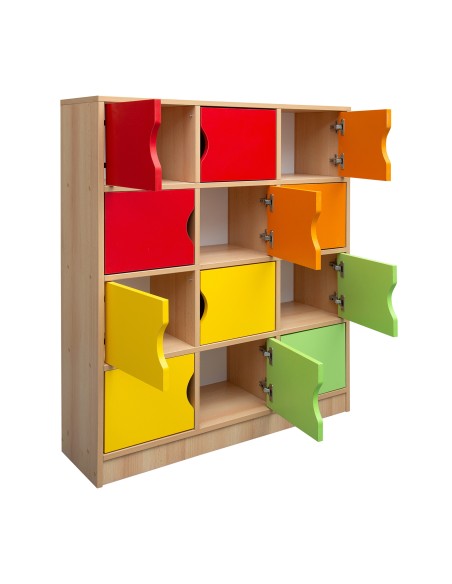 Kindergartenschrank, 12 farbige Türen, Melamin-Spanplatte, 100 x 120 x 30 cm, Buche
