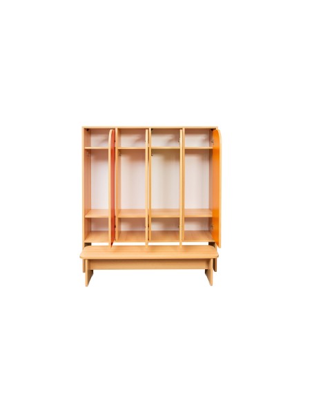 Kindergarten-Garderobenschrank, 4 farbige Türen, Sitzbank, Melamin-Spanplatte, 140 x 121,2 x 30 cm, Buche