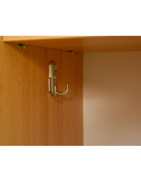 Kindergarten-Garderobenschrank, 4 farbige Türen, Sitzbank, Melamin-Spanplatte, 140 x 121,2 x 30 cm, Buche