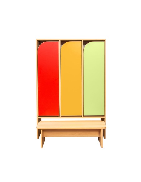 Kindergarten-Garderobenschrank, 3 farbige Türen, Sitzbank, Melamin-Spanplatte, 140 x 90,9 x 30 cm, Buche