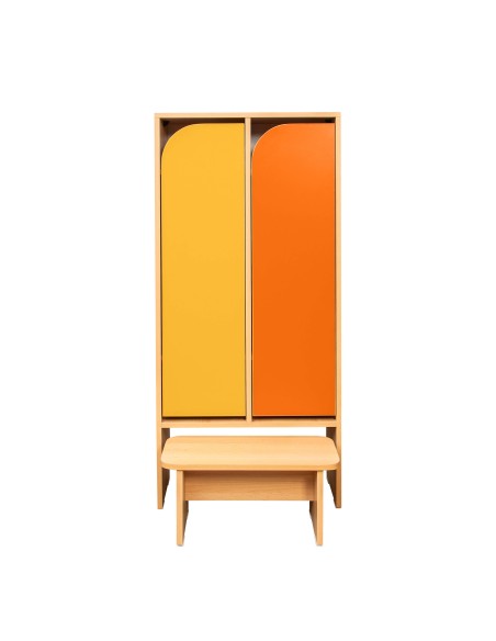 Kindergarten-Garderobenschrank, 2 farbige Türen, Sitzbank, Melamin-Spanplatte, 140 x 61.2 x 30 cm, Buche