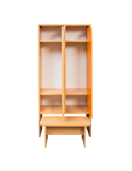 Dulap vestiar grădiniță, 2 uși color, băncuță, PAL melaminat, 140 x 61.2 x 30 cm, fag